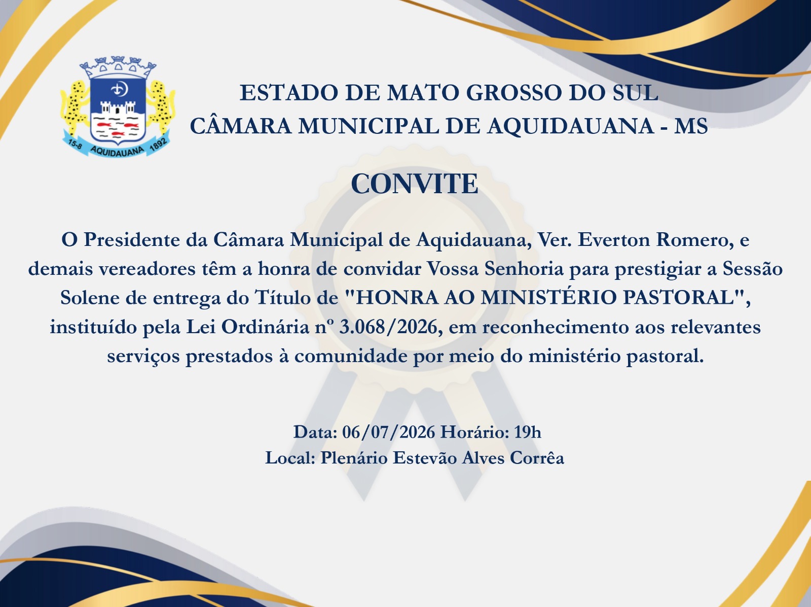 Câmara de Aquidauana Homenageia Pastores com Título de Honra ao Ministério Pastoral
