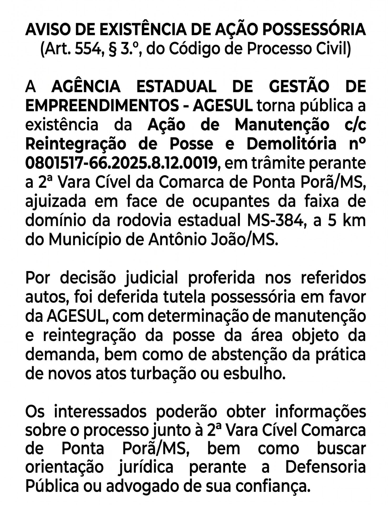 Justiça determina reintegração de posse na rodovia MS-384 em Antônio João